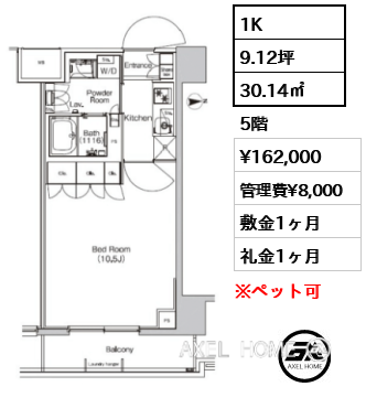 1K 30.14㎡  賃料¥162,000 管理費¥8,000 敷金1ヶ月 礼金1ヶ月