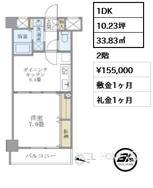 1DK 33.83㎡  賃料¥155,000 敷金1ヶ月 礼金1ヶ月