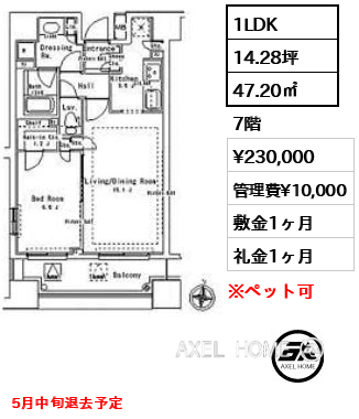 1LDK 47.20㎡  賃料¥230,000 管理費¥10,000 敷金1ヶ月 礼金1ヶ月 5月中旬退去予定