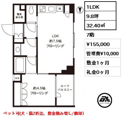 1LDK 32.40㎡ 7階 賃料¥166,000 管理費¥10,000 敷金1ヶ月 礼金1ヶ月 　