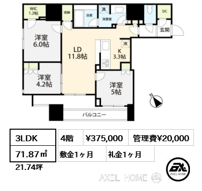 3LDK 71.87㎡  賃料¥375,000 管理費¥20,000 敷金1ヶ月 礼金1ヶ月