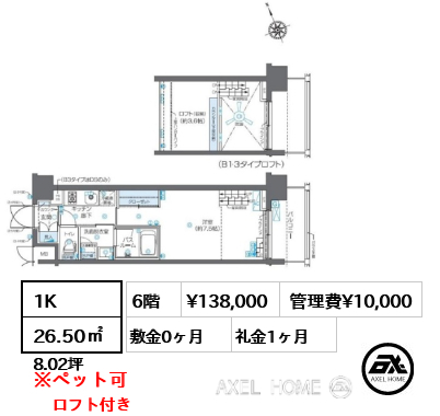 1K 26.50㎡  賃料¥138,000 管理費¥10,000 敷金0ヶ月 礼金1ヶ月 ロフト付き
