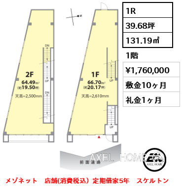 間取り2 1R 131.19㎡  賃料¥1,760,000 敷金10ヶ月 礼金1ヶ月 メゾネット　店舗(消費税込）定期借家5年　スケルトン