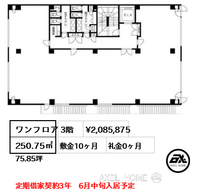 ワンフロア 250.75㎡  賃料¥2,085,875 敷金10ヶ月 礼金0ヶ月 定期借家契約3年　6月中旬入居予定