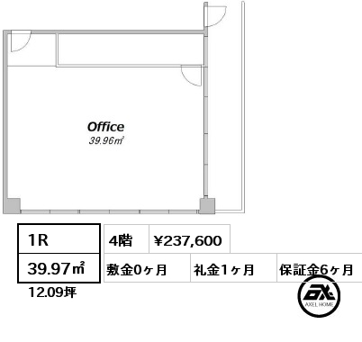 間取り2 1R 39.97㎡ 4階 賃料¥237,600 敷金0ヶ月 礼金1ヶ月 　　 　