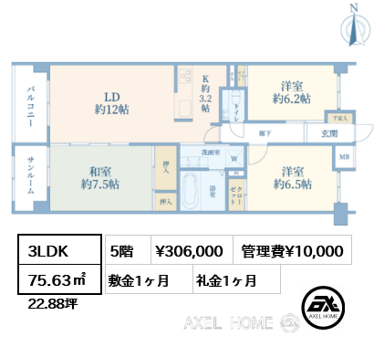 3LDK  75.63㎡  賃料¥316,000 管理費¥10,000 敷金1ヶ月 礼金1ヶ月