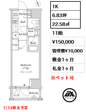 間取り2 1K 22.58㎡  賃料¥150,000 管理費¥10,000 敷金1ヶ月 礼金1ヶ月 7/13退去予定