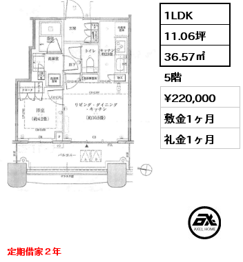 1LDK 36.57㎡ 5階 賃料¥220,000 敷金1ヶ月 礼金1ヶ月 定期借家　9月下旬入居予定