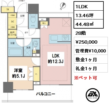 間取り2 1LDK 44.48㎡ 28階 賃料¥250,000 管理費¥10,000 敷金1ヶ月 礼金1ヶ月
