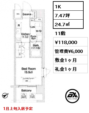 間取り2 1K 24.7㎡ 11階 賃料¥118,000 管理費¥6,000 敷金1ヶ月 礼金1ヶ月 1月上旬入居予定