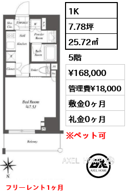間取り2 1K 25.72㎡  賃料¥168,000 管理費¥18,000 敷金0ヶ月 礼金0ヶ月 フリーレント1ヶ月