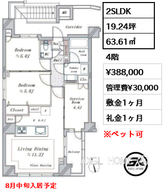 2SLDK 63.61㎡  賃料¥388,000 管理費¥30,000 敷金1ヶ月 礼金1ヶ月 8月中旬入居予定