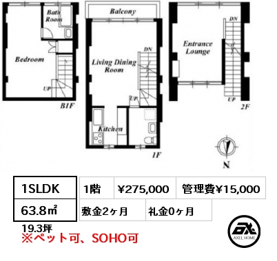間取り2 1SLDK 63.8㎡ 1階 賃料¥275,000 管理費¥15,000 敷金2ヶ月 礼金0ヶ月
