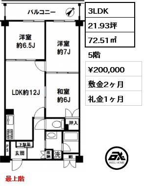間取り2 3LDK 72.51㎡ 5階 賃料¥220,000 敷金2ヶ月 礼金1ヶ月 最上階  