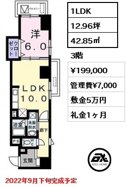 間取り2 1LDK 42.85㎡ 3階 賃料¥199,000 管理費¥7,000 敷金5万円 礼金1ヶ月 2022年9月下旬完成予定