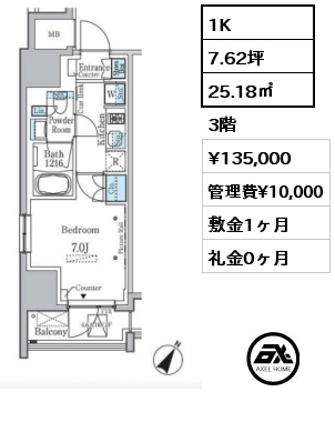 間取り2 1K 25.18㎡ 3階 賃料¥142,000 管理費¥10,000 敷金1ヶ月 礼金0ヶ月 1Kタイプ他多数ございます。　　　