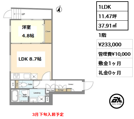 間取り2 1LDK 37.91㎡  賃料¥233,000 管理費¥10,000 敷金1ヶ月 礼金0ヶ月 　　　　　　　3月下旬入居予定