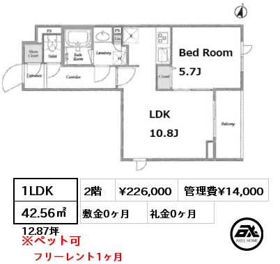 間取り2 1LDK 42.56㎡ 2階 賃料¥218,000 管理費¥12,000 敷金0ヶ月 礼金0ヶ月 フリーレント1ヶ月