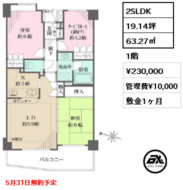 2SLDK 63.27㎡ 1階 賃料¥230,000 管理費¥10,000 敷金1ヶ月 5月31日解約予定