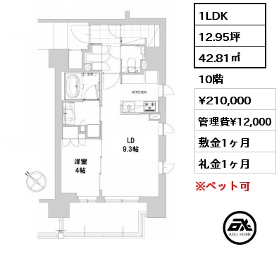 1LDK 42.81㎡ 10階 賃料¥210,000 管理費¥12,000 敷金1ヶ月 礼金1ヶ月