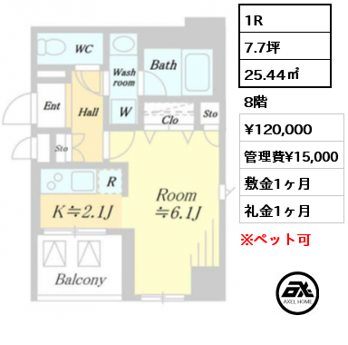 間取り2 1R 25.44㎡ 8階 賃料¥120,000 管理費¥15,000 敷金1ヶ月 礼金1ヶ月