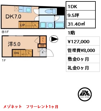 1DK 31.40㎡ 1階 賃料¥132,000 管理費¥8,000 敷金0ヶ月 礼金0ヶ月 メゾネット　フリーレント1ヶ月　　　　　　