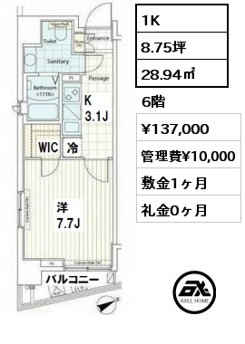 間取り2 1K 28.94㎡ 6階 賃料¥137,000 管理費¥10,000 敷金1ヶ月 礼金0ヶ月 8月下旬入居予定