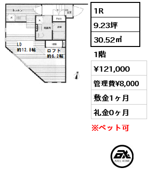 1R 30.52㎡ 1階 賃料¥121,000 管理費¥8,000 敷金1ヶ月 礼金0ヶ月