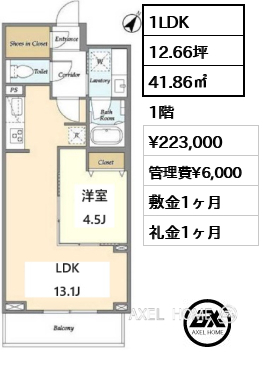 1LDK 41.86㎡  賃料¥223,000 管理費¥6,000 敷金1ヶ月 礼金1ヶ月
