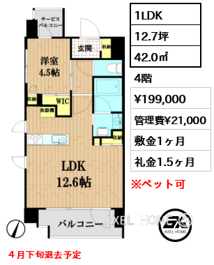 1LDK 42.0㎡  賃料¥199,000 管理費¥21,000 敷金1ヶ月 礼金1.5ヶ月 ４月下旬退去予定　