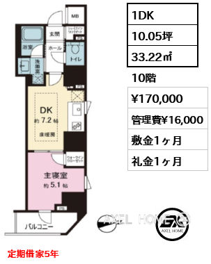 1DK 33.22㎡  賃料¥170,000 管理費¥16,000 敷金1ヶ月 礼金1ヶ月 定期借家5年