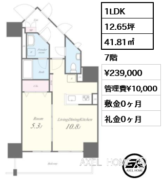 1LDK 41.81㎡  賃料¥239,000 管理費¥10,000 敷金0ヶ月 礼金0ヶ月