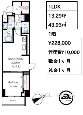 1LDK 43.93㎡  賃料¥228,000 管理費¥10,000 敷金1ヶ月 礼金1ヶ月