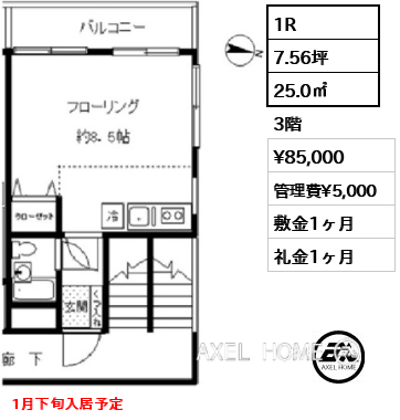 1R 25.0㎡  賃料¥85,000 管理費¥5,000 敷金1ヶ月 礼金1ヶ月 1月下旬入居予定