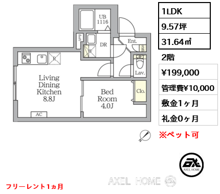 1LDK 31.64㎡  賃料¥199,000 管理費¥10,000 敷金1ヶ月 礼金0ヶ月 フリーレント1ヵ月