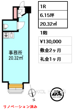 1R 20.32㎡  賃料¥130,000 敷金2ヶ月 礼金1ヶ月 リノベーション済み