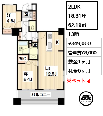 間取り2 2LDK 62.19㎡  賃料¥349,000 管理費¥8,000 敷金1ヶ月 礼金0ヶ月 　
