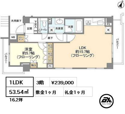 間取り2 1LDK 53.54㎡ 3階 賃料¥239,000 敷金1ヶ月 礼金1ヶ月 5月下旬入居予定