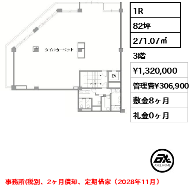 間取り2 1R 271.07㎡  賃料¥1,320,000 管理費¥306,900 敷金8ヶ月 礼金0ヶ月 事務所(税別、2ヶ月償却、定期借家（2028年11月）