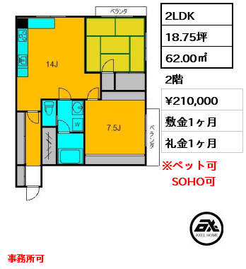2LDK 62.00㎡ 2階 賃料¥210,000 敷金1ヶ月 礼金1ヶ月 ペット可(小型犬・猫1匹のみ、敷金2ヶ月）事務所可