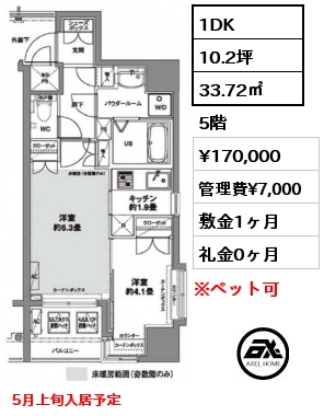 間取り2 1DK 33.72㎡ 5階 賃料¥170,000 管理費¥7,000 敷金1ヶ月 礼金0ヶ月 5月上旬入居予定