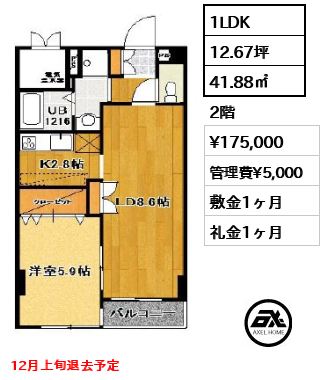 間取り2 1LDK 41.88㎡  賃料¥175,000 管理費¥5,000 敷金1ヶ月 礼金1ヶ月 12月上旬退去予定