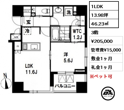 間取り2 1LDK 46.23㎡ 3階 賃料¥205,000 管理費¥15,000 敷金1ヶ月 礼金1ヶ月