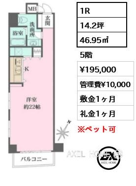 間取り2 1R 46.95㎡  賃料¥195,000 管理費¥10,000 敷金1ヶ月 礼金1ヶ月