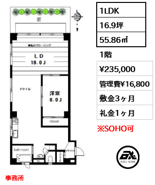 間取り2 1LDK 55.86㎡  賃料¥235,000 管理費¥16,800 敷金3ヶ月 礼金1ヶ月 事務所