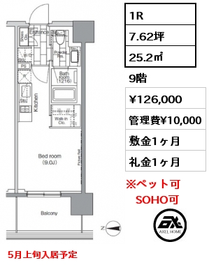 間取り2 1R 25.2㎡ 9階 賃料¥126,000 管理費¥10,000 敷金1ヶ月 礼金1ヶ月 5月上旬入居予定