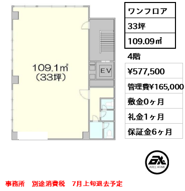 間取り2 ワンフロア 109.09㎡  賃料¥577,500 管理費¥165,000 敷金0ヶ月 礼金1ヶ月 事務所　別途消費税　7月上旬退去予定