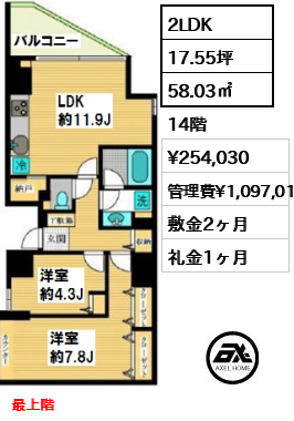 間取り2 2LDK 58.03㎡  賃料¥254,030 管理費¥1,097,010,970 敷金2ヶ月 礼金1ヶ月 最上階