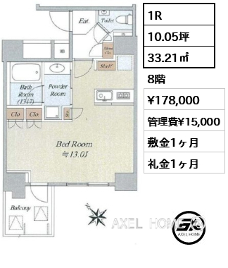 間取り2 1R 33.21㎡  賃料¥178,000 管理費¥15,000 敷金1ヶ月 礼金1ヶ月