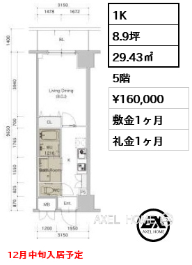 1K 29.43㎡  賃料¥160,000 敷金1ヶ月 礼金1ヶ月 12月中旬入居予定